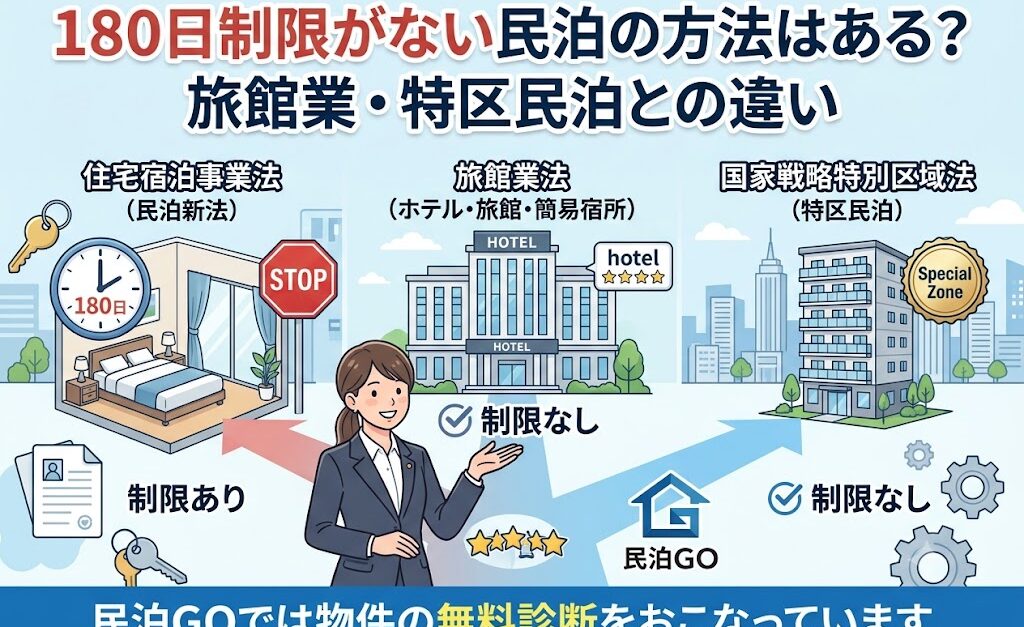 180日制限がない民泊の方法はある？旅館業・特区民泊との違い