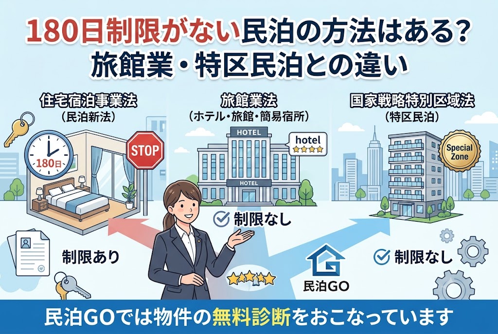 180日制限がない民泊の方法はある？旅館業・特区民泊との違い