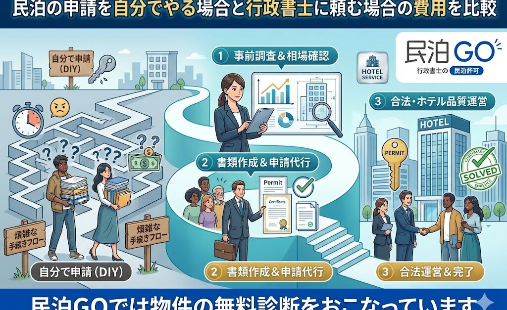 民泊の申請を自分でやる場合と行政書士に頼む場合の費用を比較
