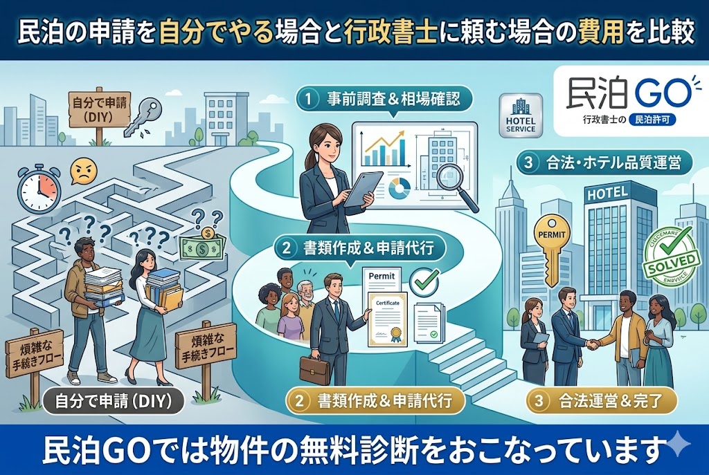 民泊の申請を自分でやる場合と行政書士に頼む場合の費用を比較