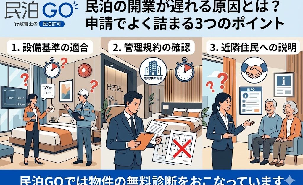 民泊の開業が遅れる原因とは？申請でよく詰まる3つのポイント