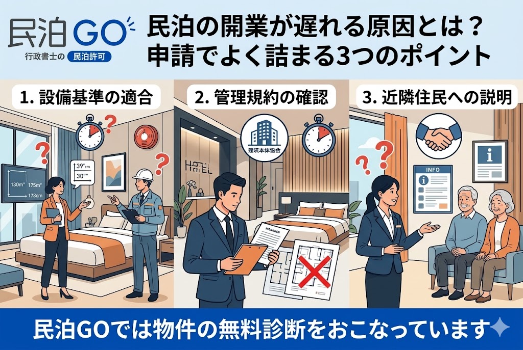 民泊の開業が遅れる原因とは？申請でよく詰まる3つのポイント