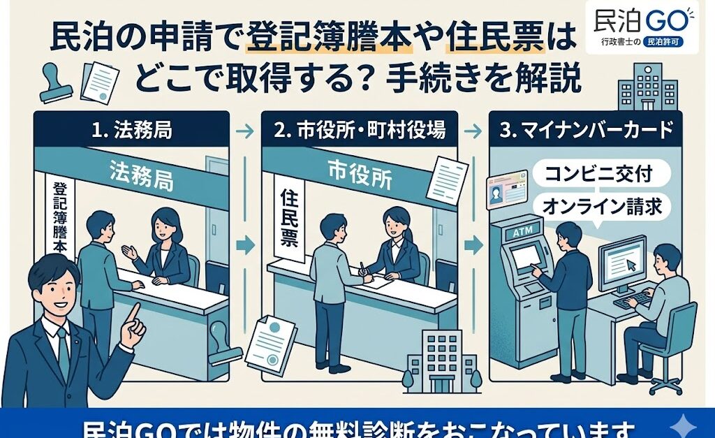 民泊の申請で登記簿謄本や住民票はどこで取得する？手続きを解説