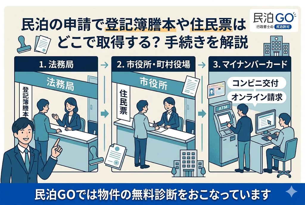 民泊の申請で登記簿謄本や住民票はどこで取得する？手続きを解説