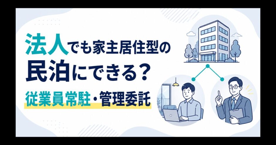 法人の家主居住型民泊、従業員常駐、管理委託を解説するアイキャッチ