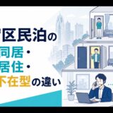 新宿区民泊の家主同居型、家主居住型、家主不在型の違いを解説するアイキャッチ
