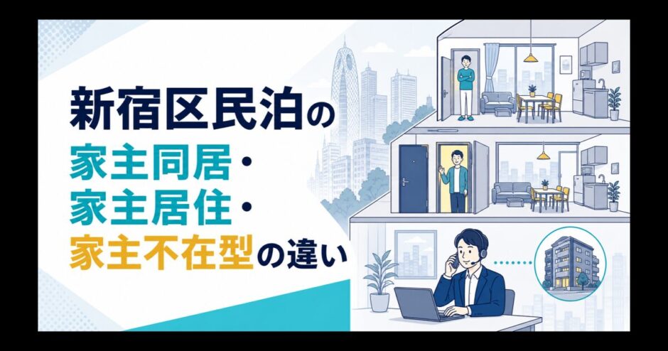 新宿区民泊の家主同居型、家主居住型、家主不在型の違いを解説するアイキャッチ