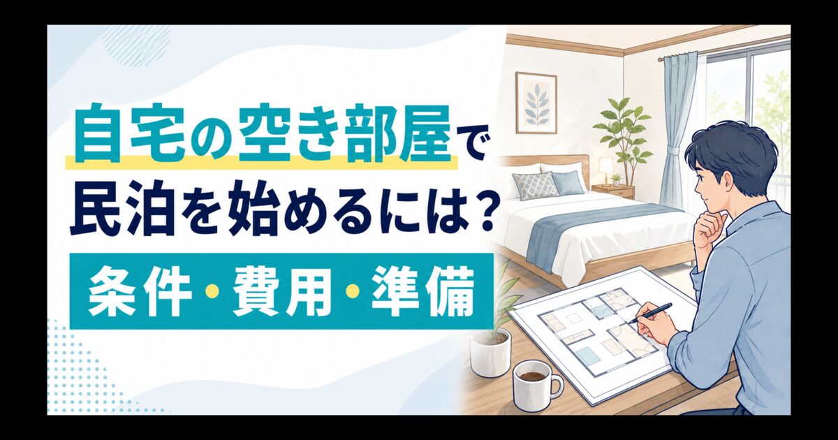 自宅の空き部屋で民泊を始める条件、費用、準備を解説するアイキャッチ