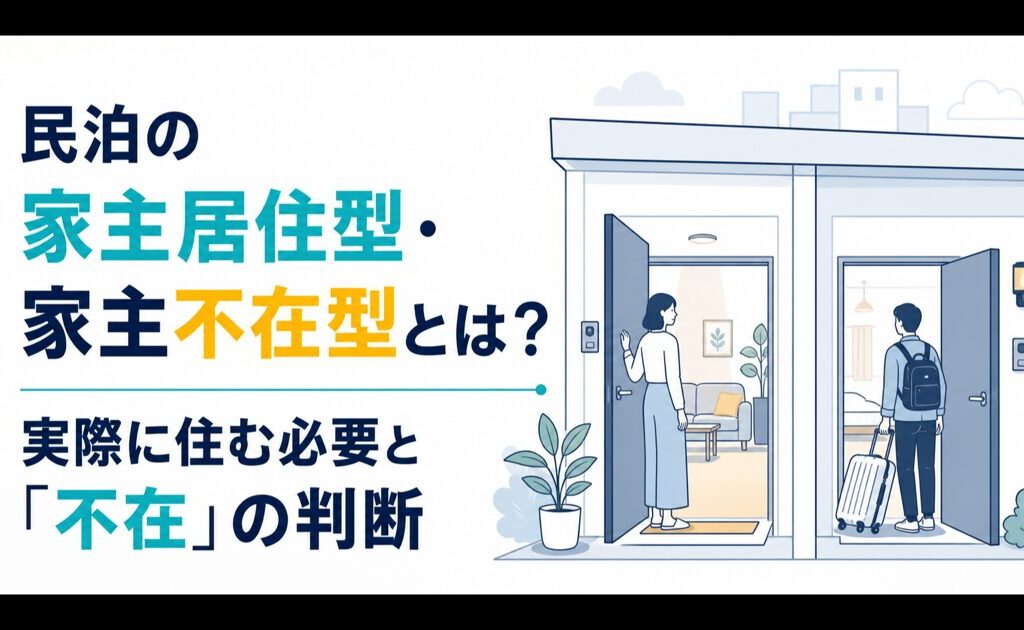 民泊の家主居住型・家主不在型と実際に住む必要、不在の判断を解説するアイキャッチ