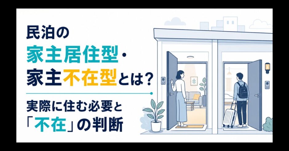 民泊の家主居住型・家主不在型と実際に住む必要、不在の判断を解説するアイキャッチ
