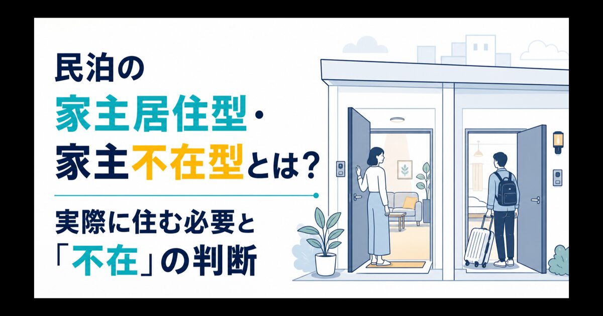 民泊の家主居住型・家主不在型と実際に住む必要、不在の判断を解説するアイキャッチ
