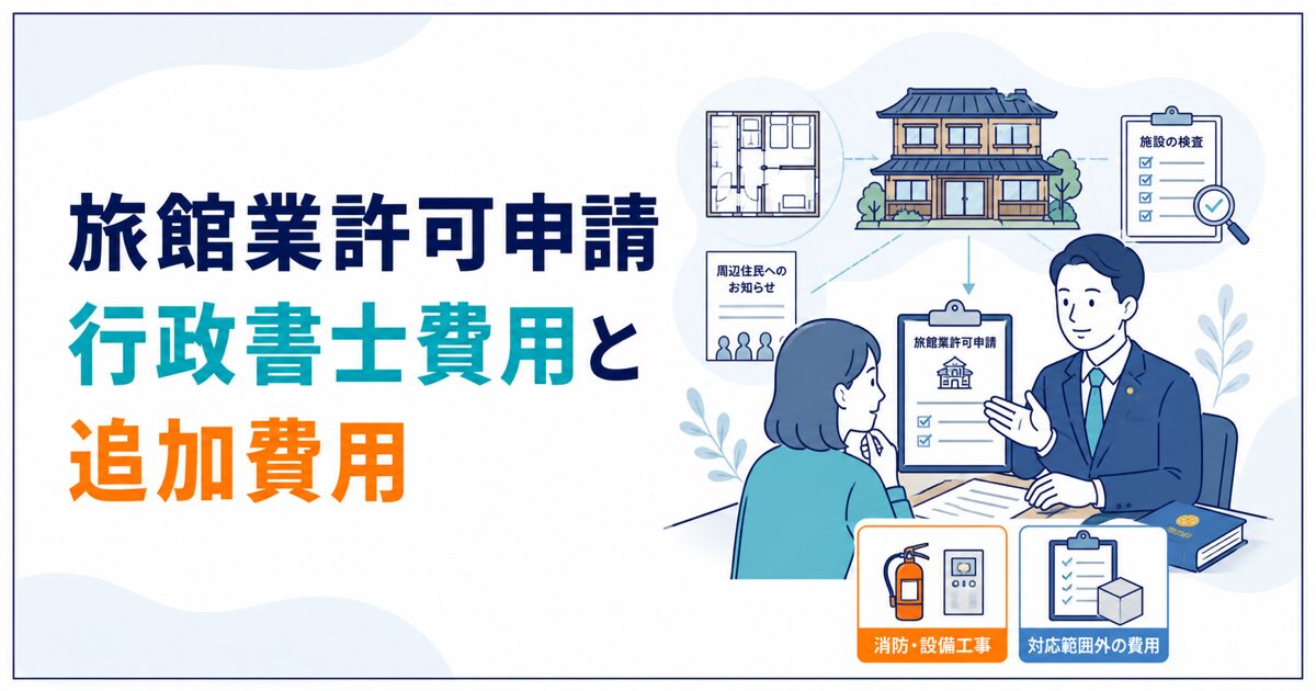 旅館業許可申請の行政書士費用と追加費用を解説する記事のアイキャッチ
