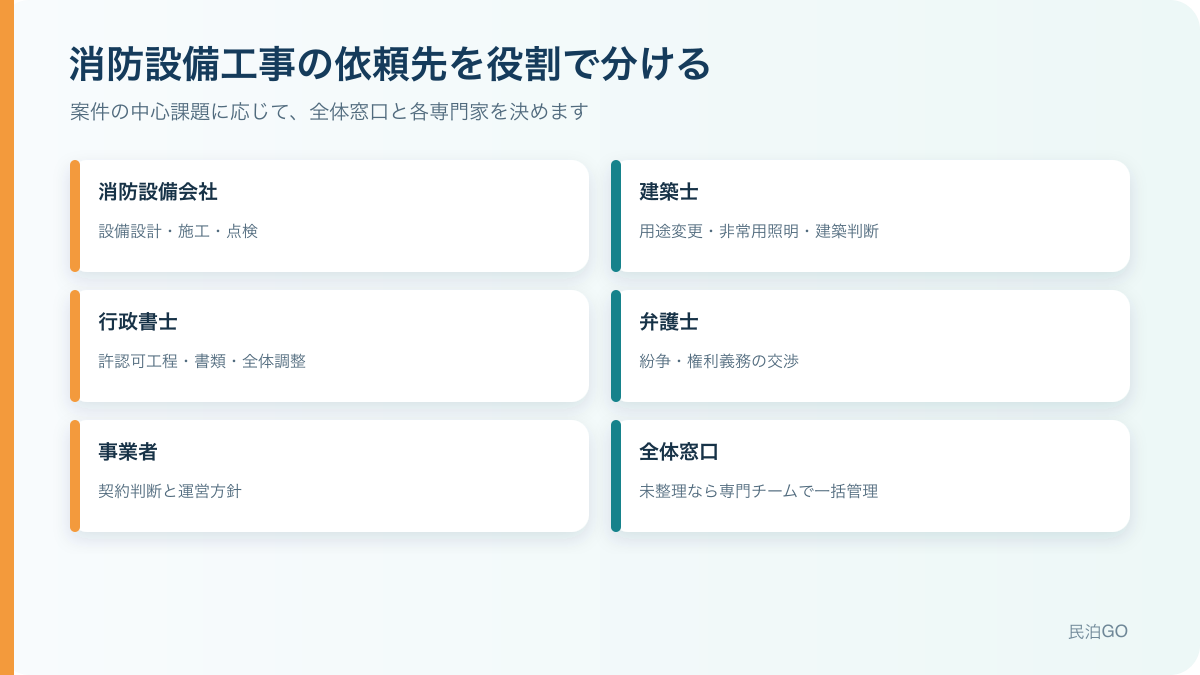 消防設備会社・行政書士・建築士など、民泊・旅館業の開業に関わる専門家の役割分担を整理した図