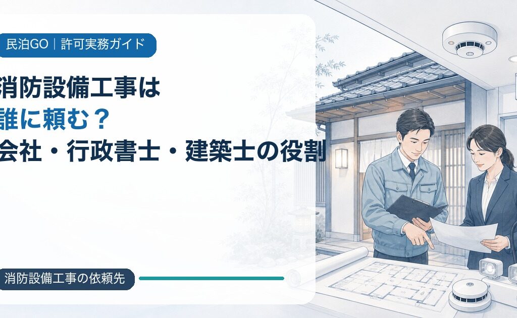 民泊・旅館業の消防設備工事の依頼先を、消防設備会社・行政書士・建築士の役割から選ぶ記事のアイキャッチ