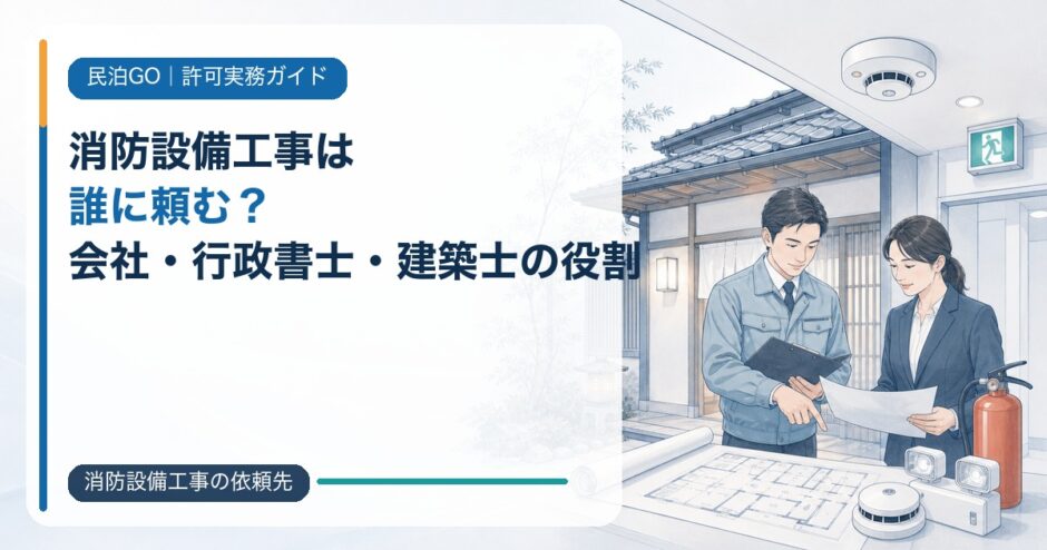 民泊・旅館業の消防設備工事の依頼先を、消防設備会社・行政書士・建築士の役割から選ぶ記事のアイキャッチ