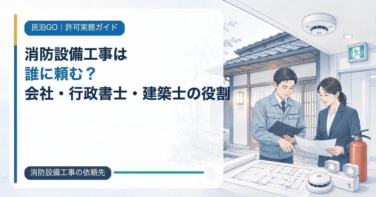 民泊・旅館業の消防設備工事の依頼先を、消防設備会社・行政書士・建築士の役割から選ぶ記事のアイキャッチ