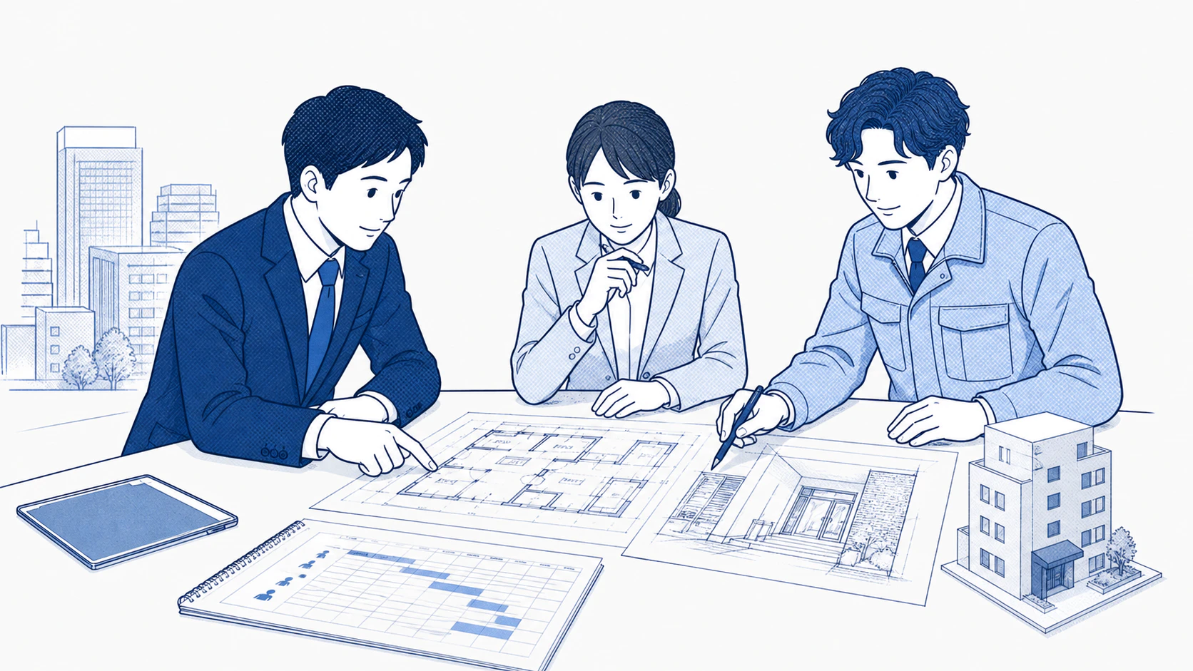 事業担当者、行政手続の専門家、建築担当者が図面と人員体制を検討するイラスト