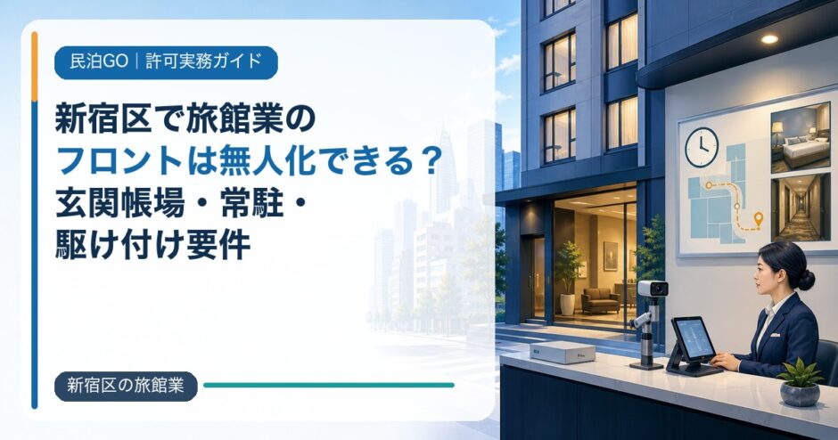 新宿区で旅館業のフロントは無人化できる？玄関帳場・常駐・駆け付け要件のアイキャッチ画像