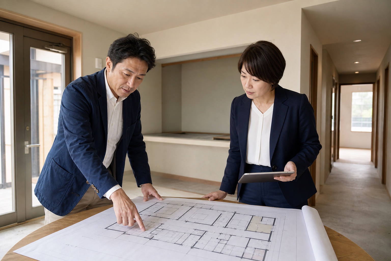 宿泊施設の図面を見ながら玄関帳場と客室構成を検討するイメージ