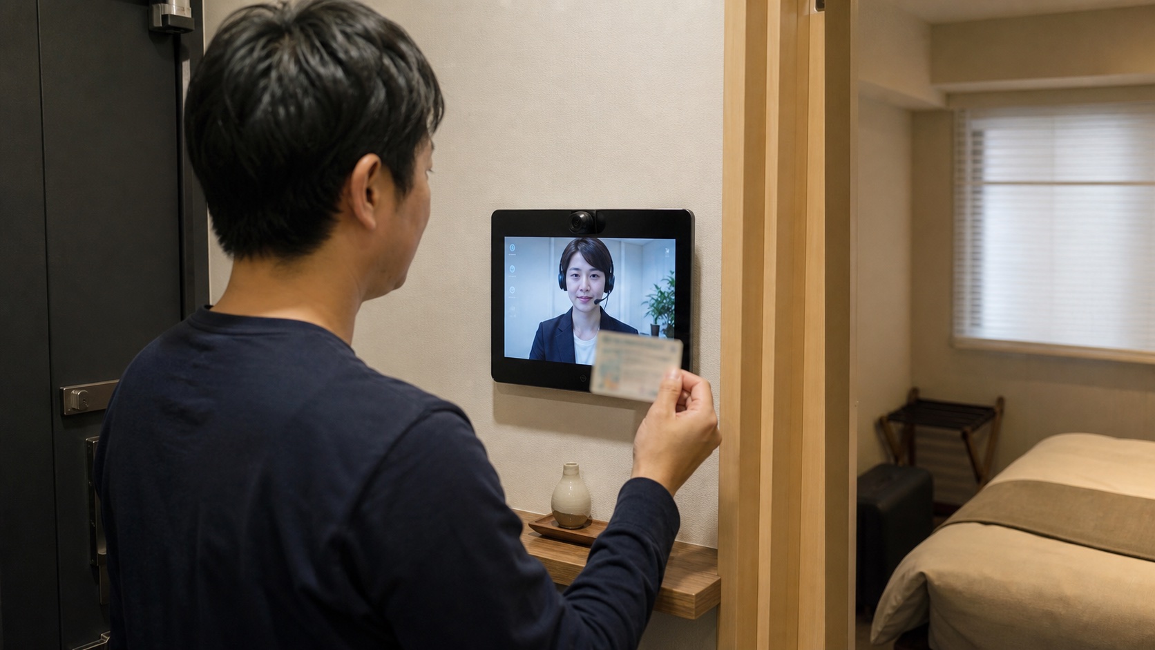 宿泊施設の入口で、宿泊者がテレビ電話を使って本人確認を受けるイメージ