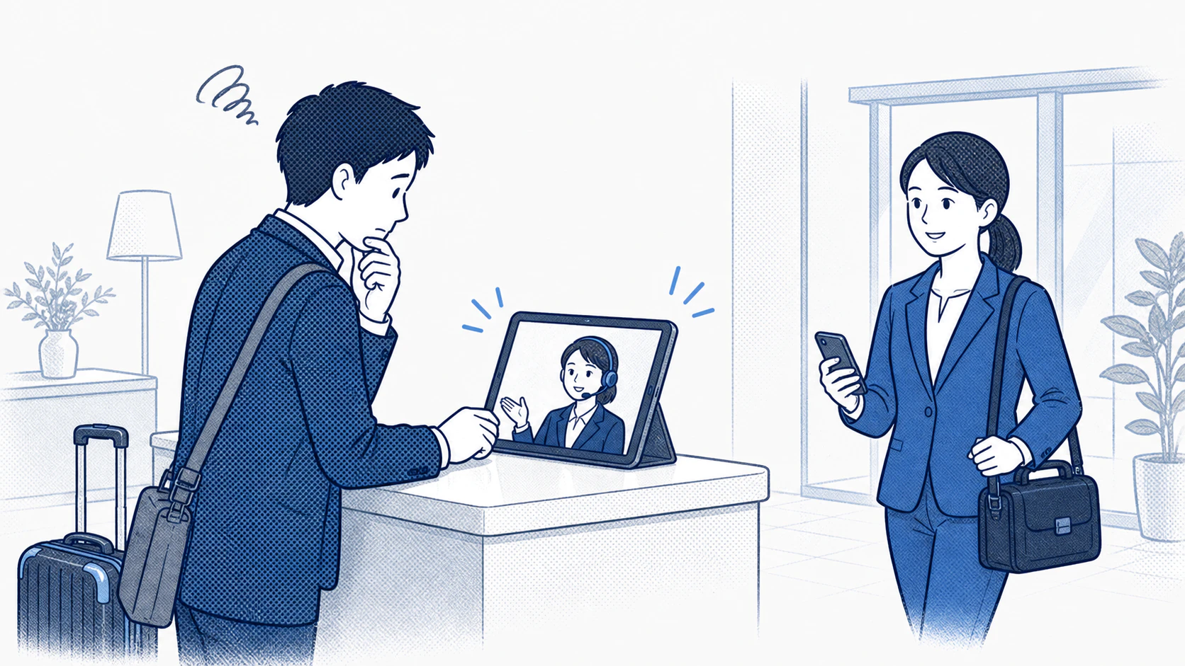 テレビ電話で確認できない宿泊者を遠隔担当者と現地担当者が支援するイラスト