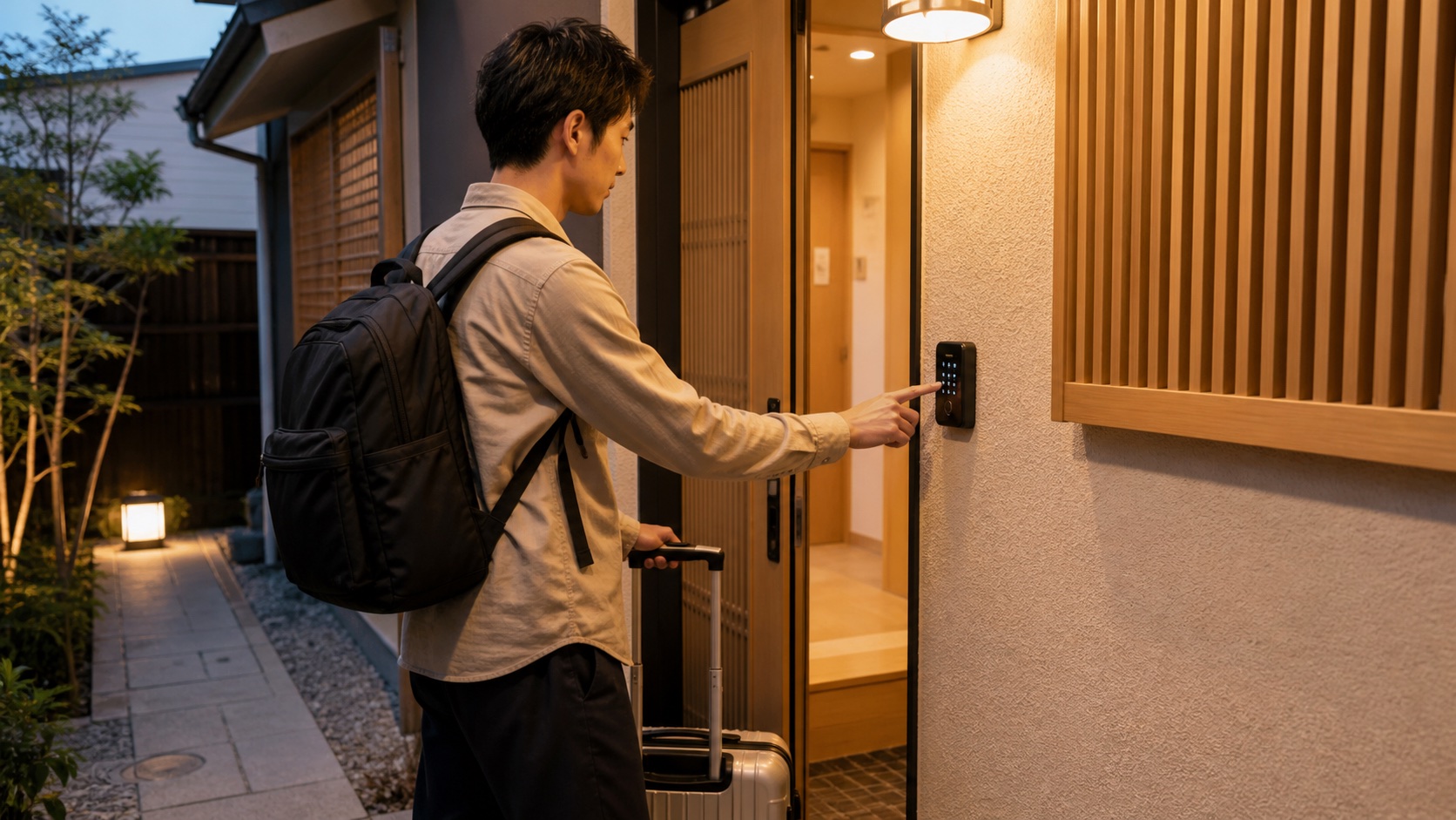 宿泊者がスマートフォンとスマートロックを使って小規模宿泊施設へ入館するイメージ