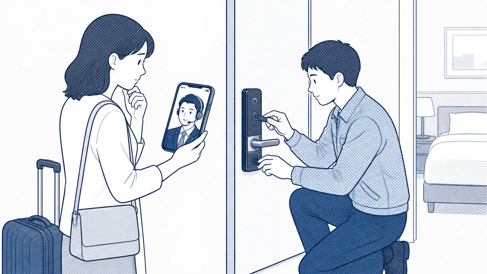 スマートロックの不具合に遠隔担当者と現地担当者が対応するイラスト