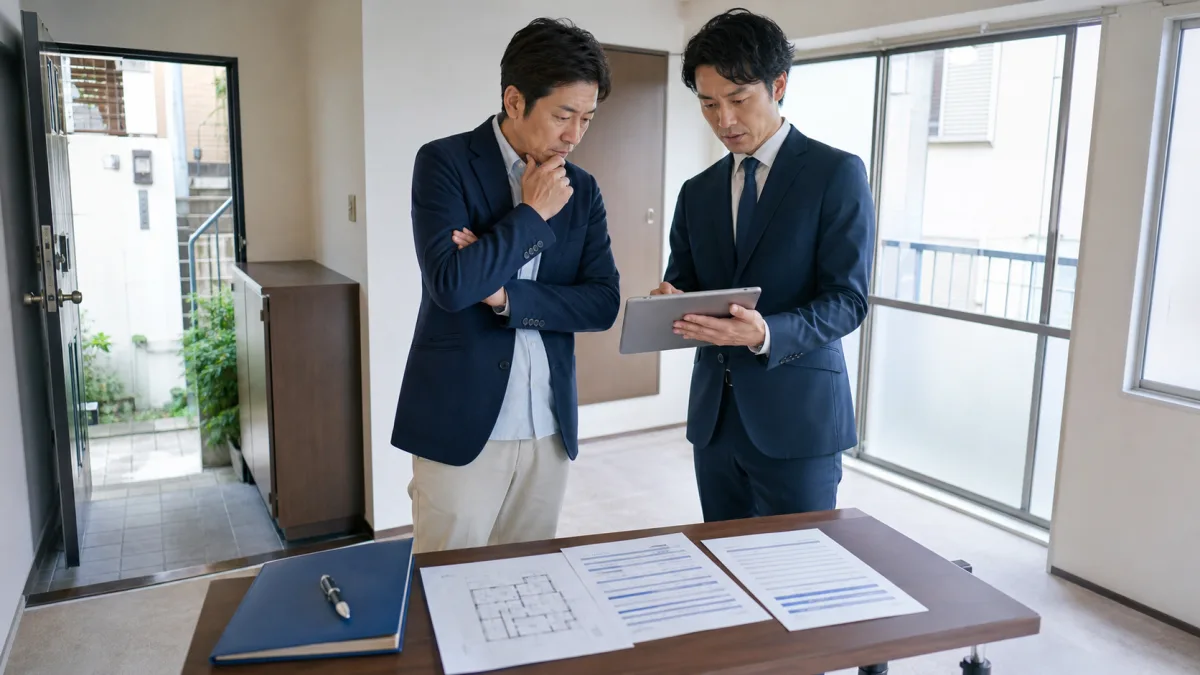 投資家と専門家が候補物件で区の制度・図面・契約条件を確認する様子