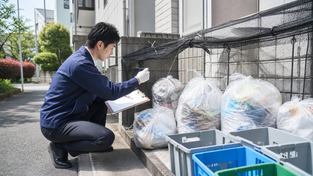 管理担当者が共同住宅のごみ置き場を撮影し分別状況を確認する様子
