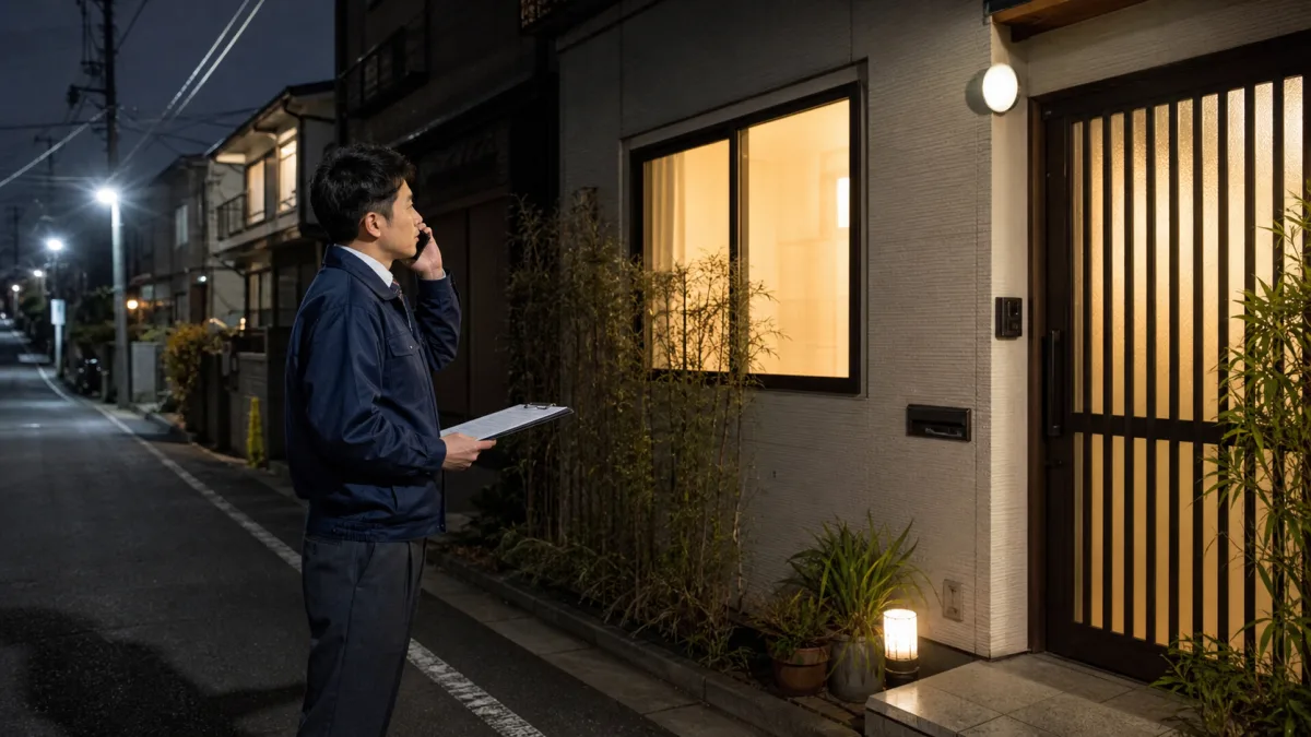 夜間の住宅街で管理担当者が宿泊者へ電話し施設の騒音状況を確認する様子