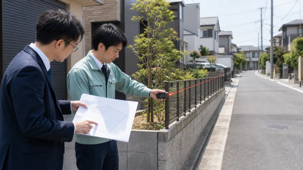 専門家が敷地境界と図面を確認しレーザー距離計で近隣説明範囲を測る様子