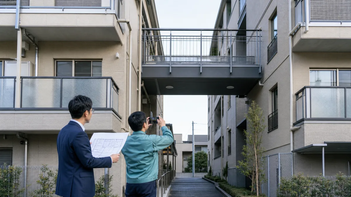専門家が渡り廊下でつながった二つの共同住宅を図面と現地で確認する様子