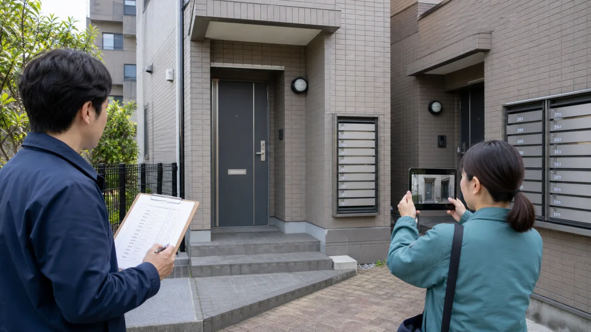 二人の担当者が共同住宅の複数入口とポストを対象者一覧・写真で照合する様子