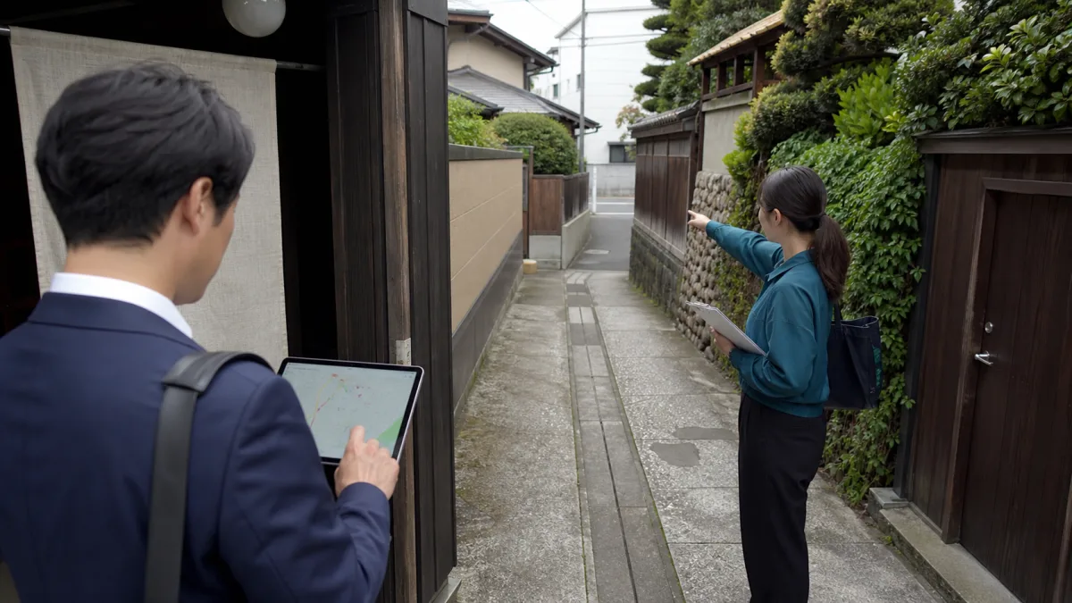 専門家が民泊施設から公道までの狭い私道と宿泊者の通行経路を確認する様子