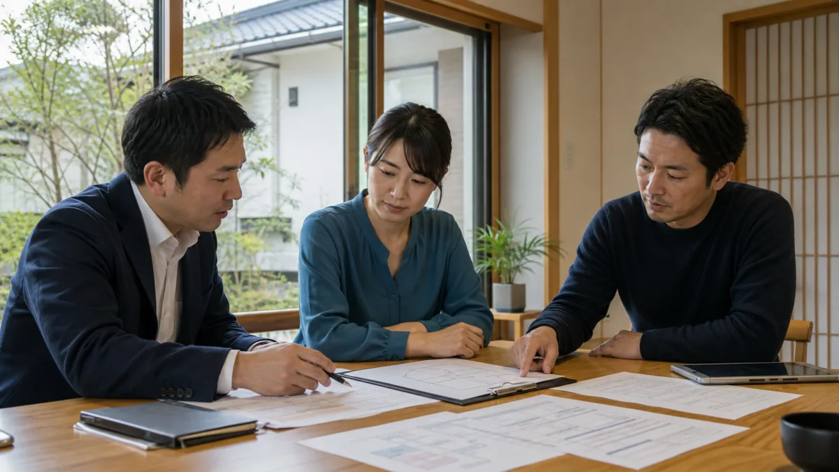 民泊事業者・管理業者・専門家が管理契約と役割分担を確認する様子