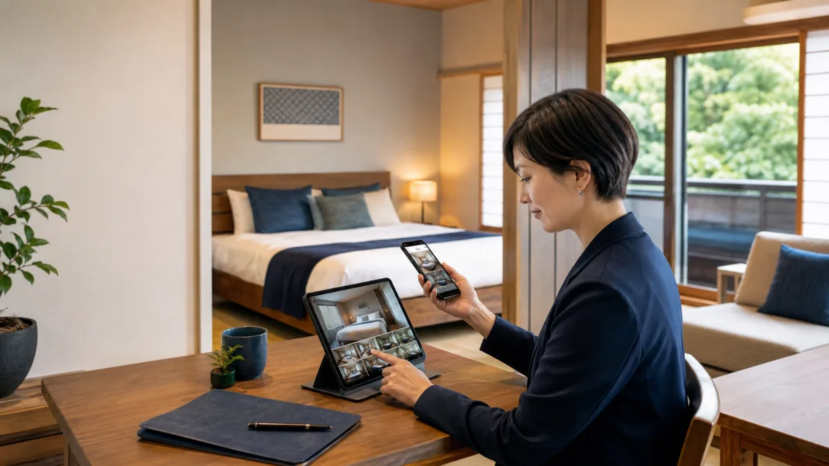 家主不在型民泊の客室で管理担当者がタブレットと電話を使って管理状況を確認する様子