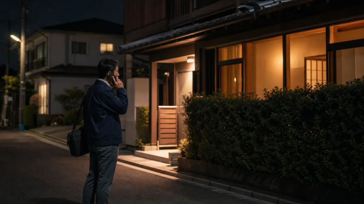 夜間の住宅街で管理担当者が民泊施設の状況を確認しながら電話対応する様子