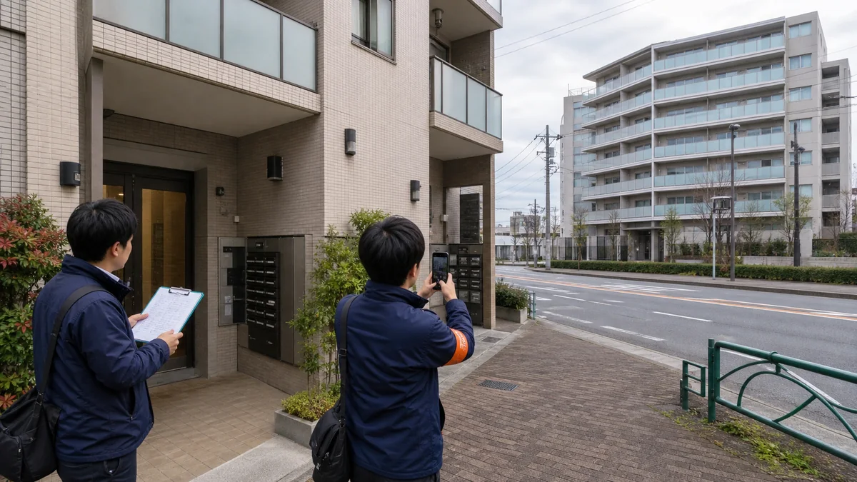 マンションの入口とポスト、道路反対側の建物を対象者一覧と写真で確認する担当者