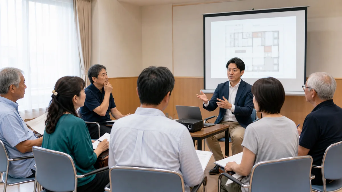 宿泊事業者が近隣住民へ計画を説明し意見を聞いている説明会の様子
