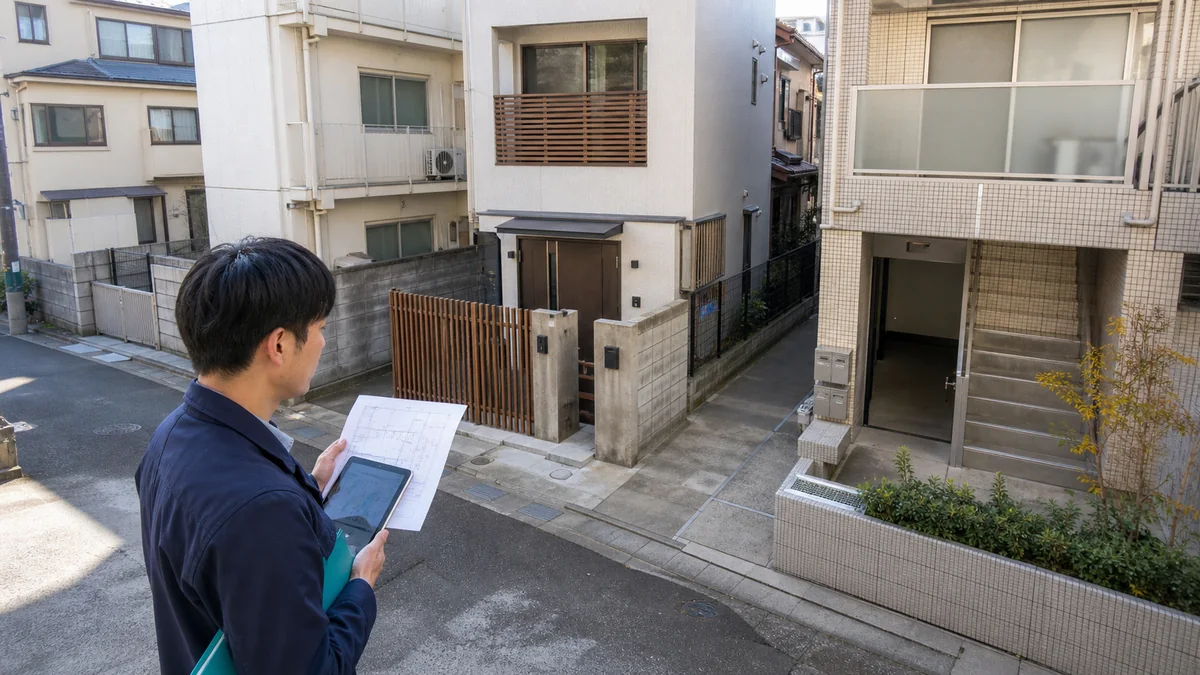 民泊・旅館業の候補物件で敷地・建物・入口・私道を図面と現地で確認する専門家