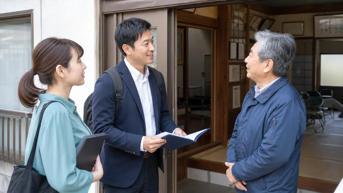 民泊事業者と専門家が説明会前に自治会・町会の担当者へ挨拶する様子