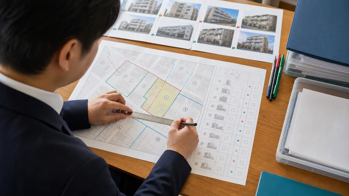 専門家が番号を振った近隣地図と対象者名簿を照合する様子
