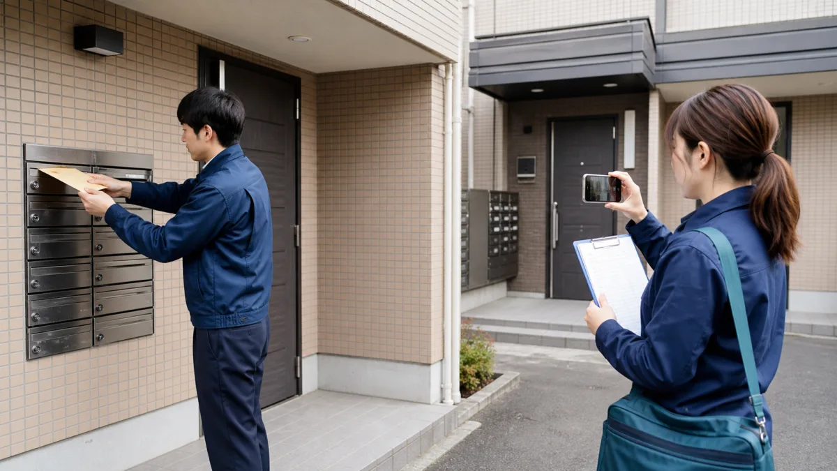 二人の担当者がマンションの複数入口とポストを一覧・写真で確認しながら案内文を配布する様子