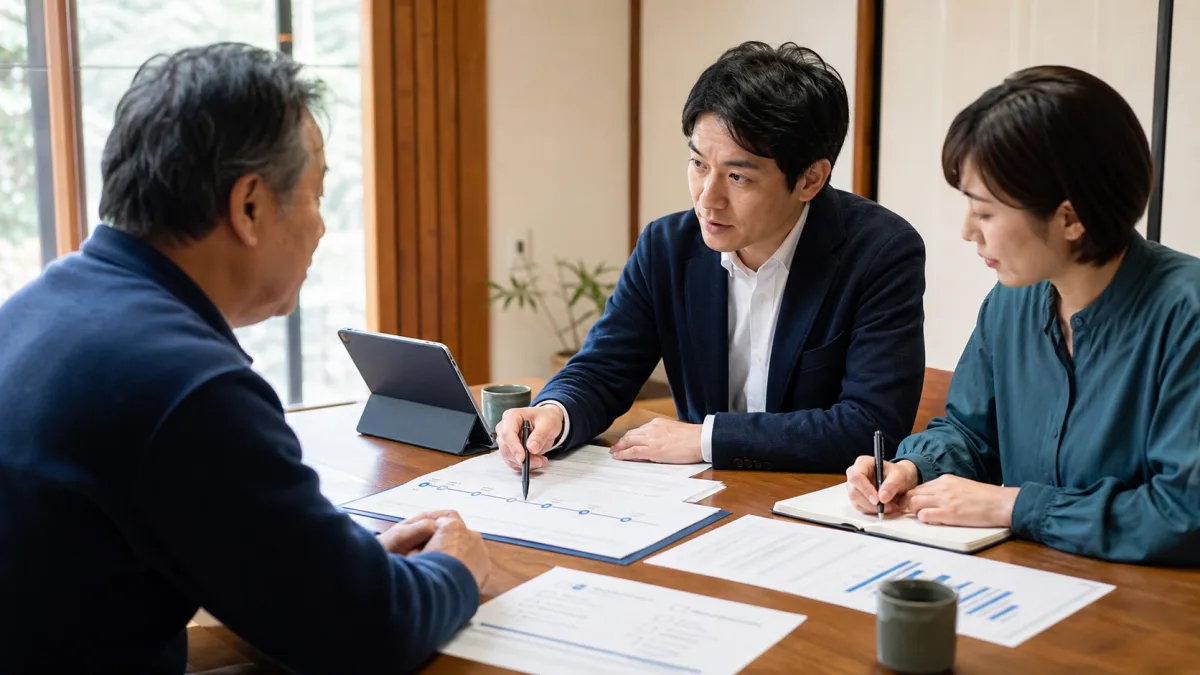 民泊事業者と専門家が住民と事実・工程・次の連絡を確認する様子