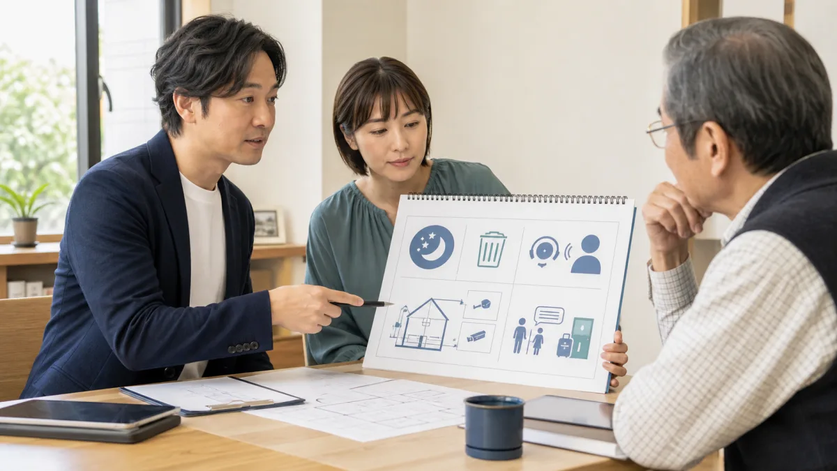 事業者と専門家が騒音・ごみ・緊急連絡などの具体策を住民へ説明する様子