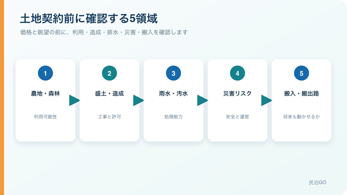 土地選びでは、価格や眺望より先に利用・造成・排水・災害・搬入を確認します。