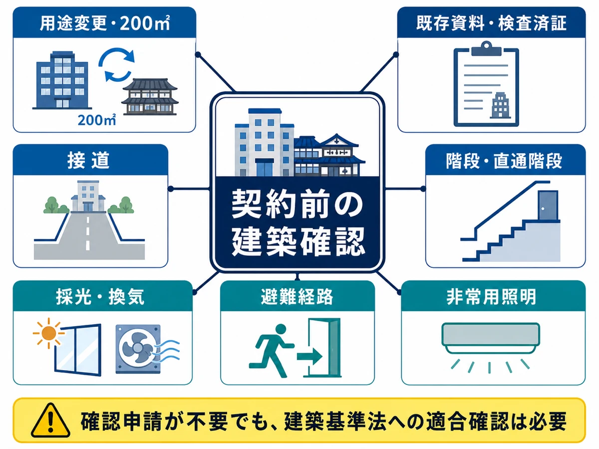 民泊・旅館業の契約前に確認する用途変更、接道、階段、採光、避難、非常用照明の全体像