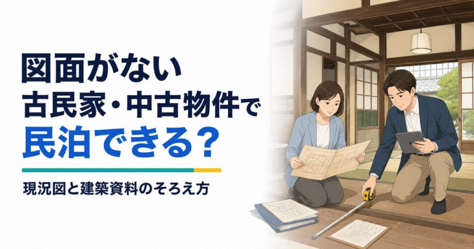 図面がない古民家・中古物件の現況を実測し、建築資料と照合する様子