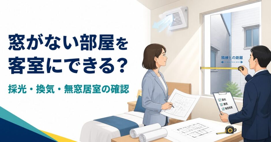 窓のない客室候補で採光・換気・隣棟距離を確認する様子