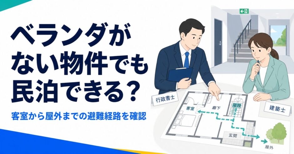 ベランダのない物件で客室から屋外までの避難経路を確認する様子